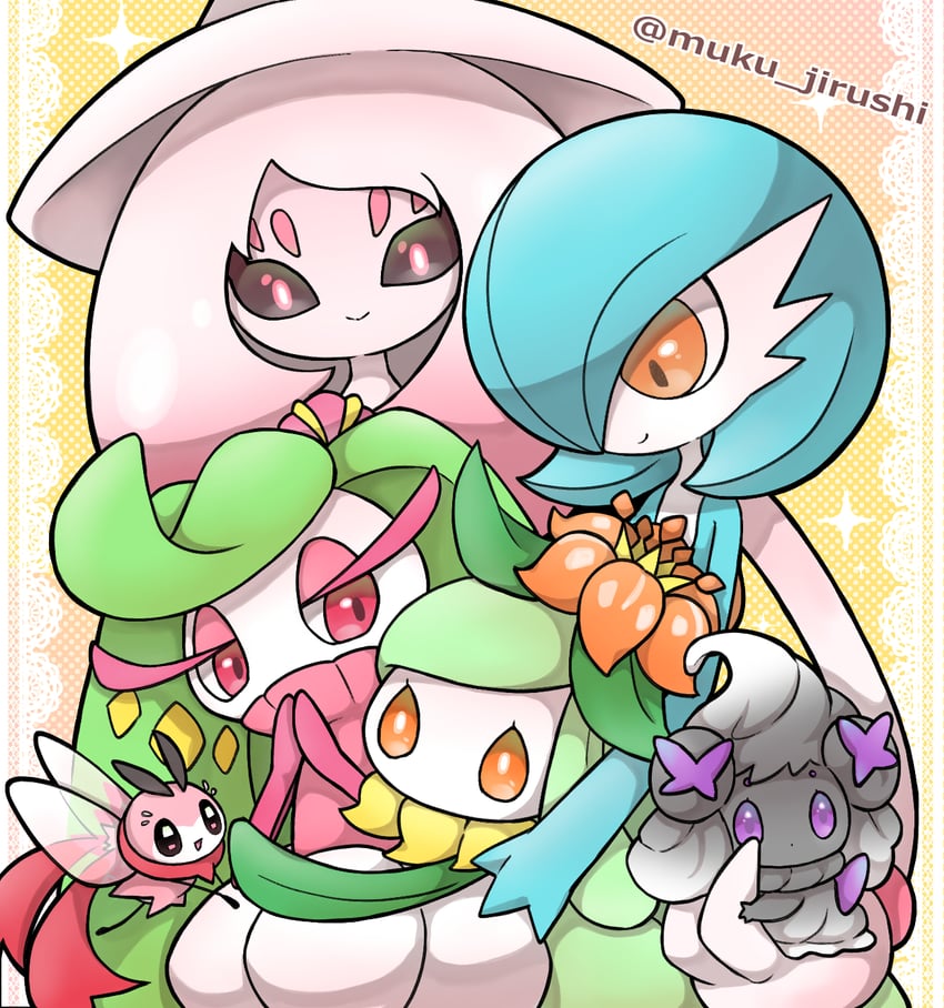 gardevoir, alcremie, hatterene, lilligant, tsareena, and 1 more (pokemon) drawn by muku_jirushi