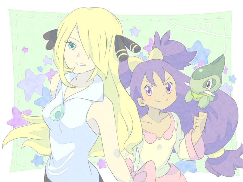 cynthia, iris, and axew (pokemon and 1 more) drawn by nago_celica