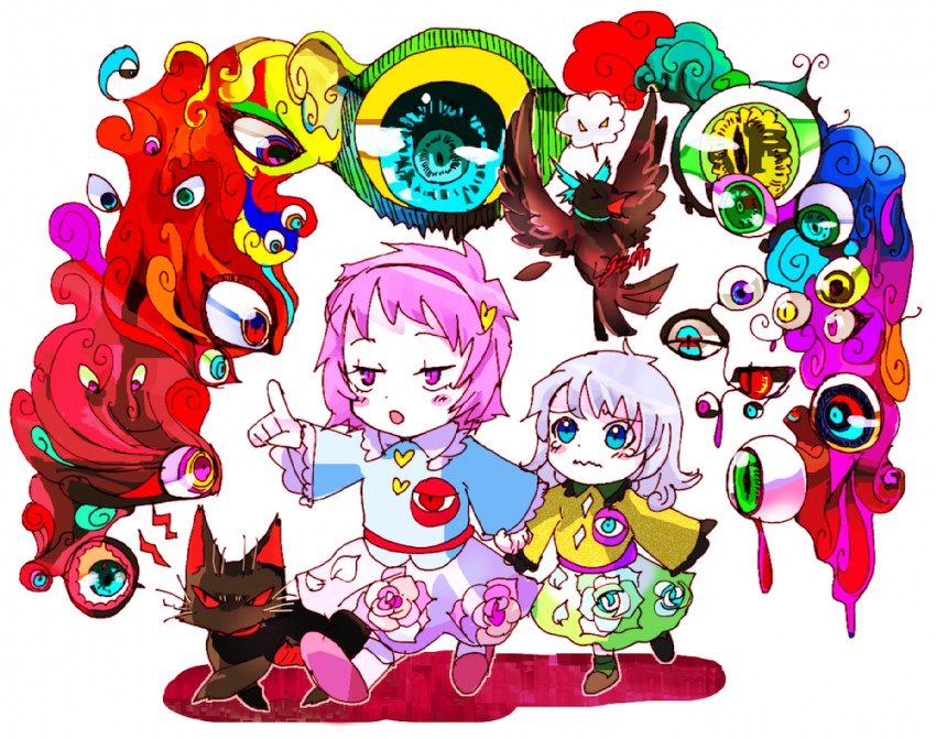 komeiji koishi, komeiji satori, kaenbyou rin, and reiuji utsuho (touhou) drawn by chamaruk