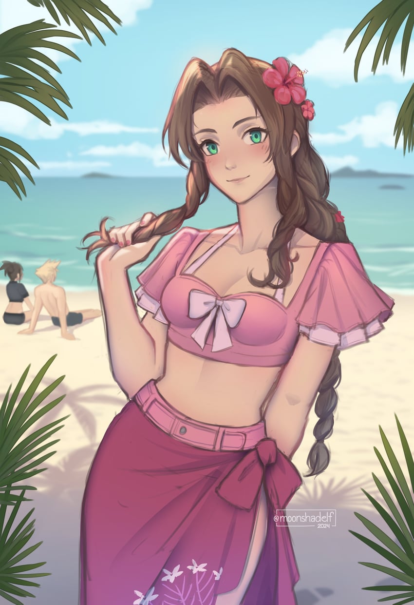 tifa lockhart, cloud strife, and aerith gainsborough (final fantasy and 3 more) drawn by moonshadelf