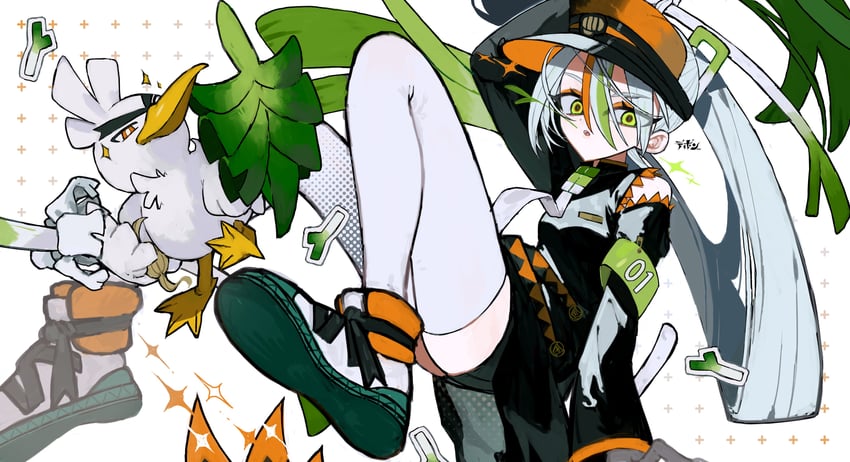 hatsune miku, sirfetch'd, and fighting miku (pokemon and 2 more) drawn by debon_(sawaaaara)