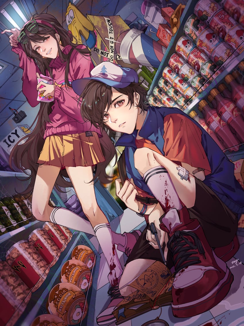 mabel pines, dipper pines, bill cipher, and flavor pup (gravity falls) drawn by icy_suluoluo