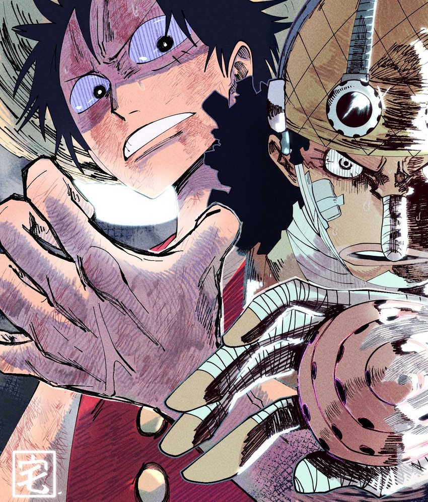 monkey d. luffy and usopp (one piece) drawn by taku_(aywakutakuay)