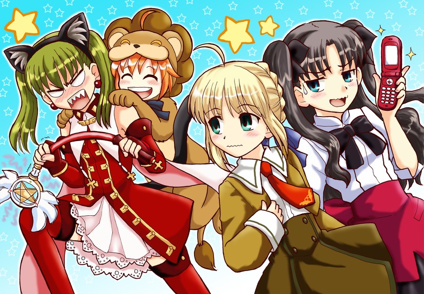 artoria pendragon, saber, tohsaka rin, kaleido ruby, saber lion, and 2 more (fate and 5 more) drawn by nishisute