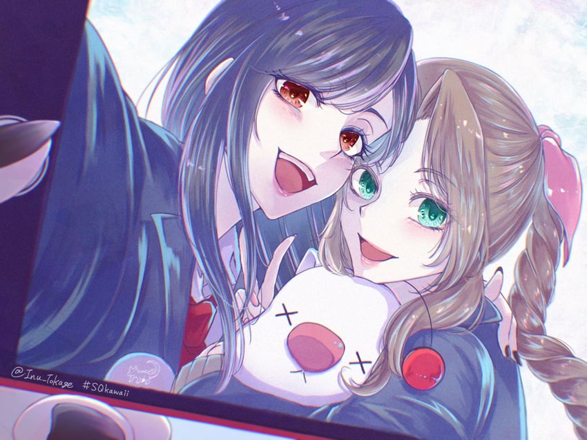 tifa lockhart, aerith gainsborough, and moogle (final fantasy and 1 more) drawn by inu_tokage