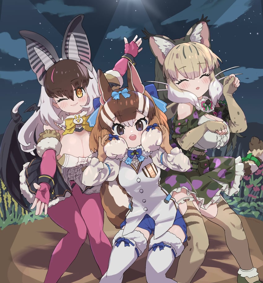 brown long-eared bat, siberian chipmunk, and jungle cat (kemono friends and 1 more) drawn by kunikuni_(kunihiro2005)