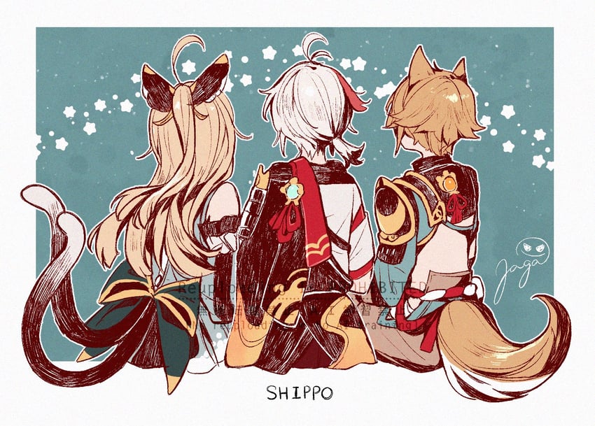 kaedehara kazuha, kirara, and gorou (genshin impact) drawn by jagabokkuru