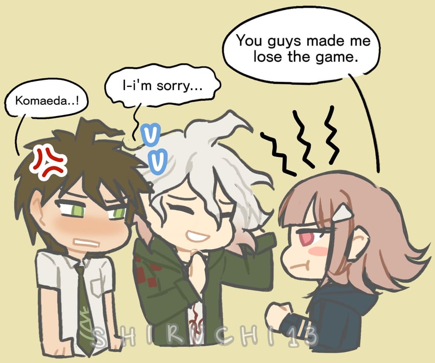 nanami chiaki, komaeda nagito, and hinata hajime (danganronpa and 1 more) drawn by shiruchi13