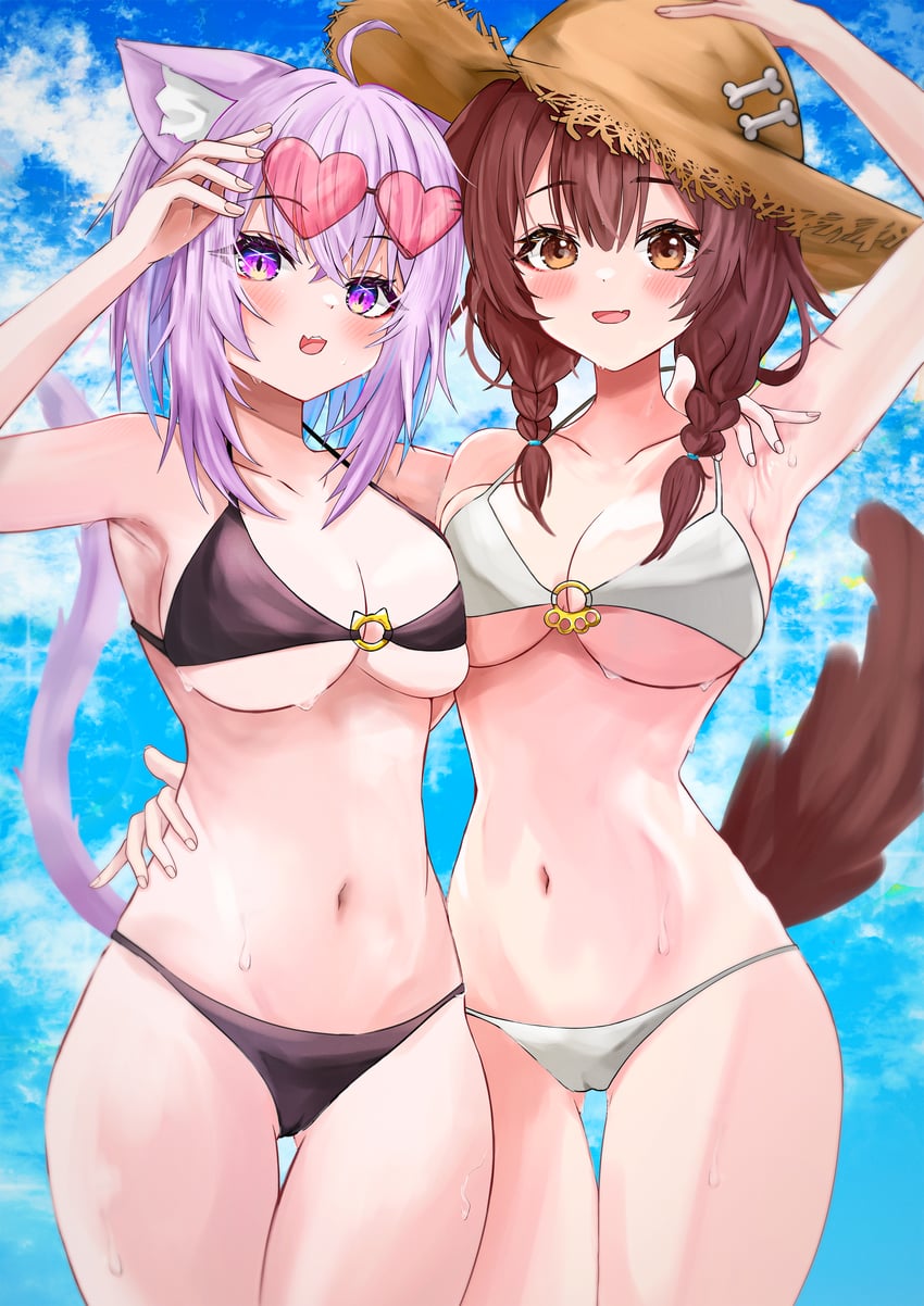 nekomata okayu and inugami korone (hololive) drawn by shiemika324