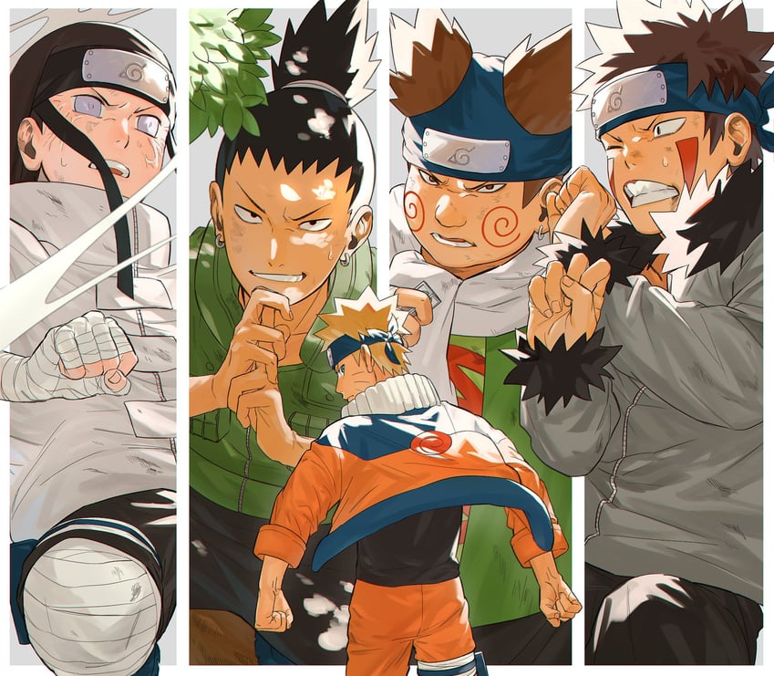 uzumaki naruto, nara shikamaru, hyuuga neji, inuzuka kiba, and akimichi chouji (naruto) drawn by mirin_(coene65)