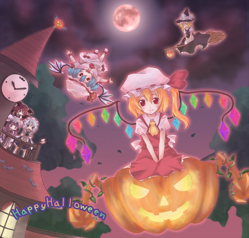 kirisame marisa, remilia scarlet, flandre scarlet, izayoi sakuya, patchouli knowledge, and 1 more (touhou) drawn by yonyon