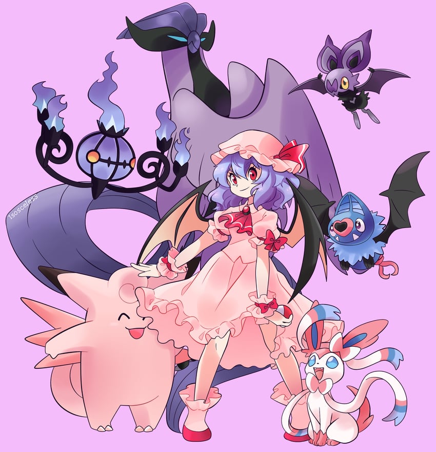 remilia scarlet, sylveon, chandelure, clefable, noibat, and 2 more (touhou and 1 more) drawn by isosceless