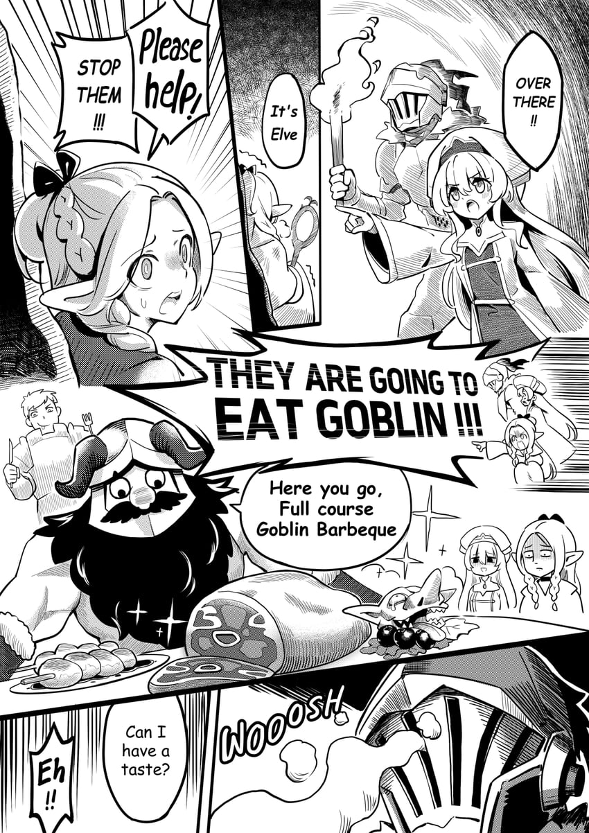 marcille donato, laios touden, senshi, priestess, and goblin slayer (dungeon meshi and 1 more) drawn by hm_(hmongt)