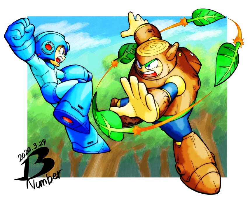 mega man and wood man (mega man and 1 more) drawn by 13ban