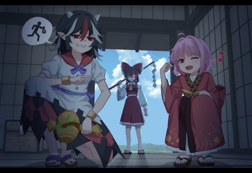 hakurei reimu, kijin seija, and sukuna shinmyoumaru (touhou and 1 more) drawn by jager