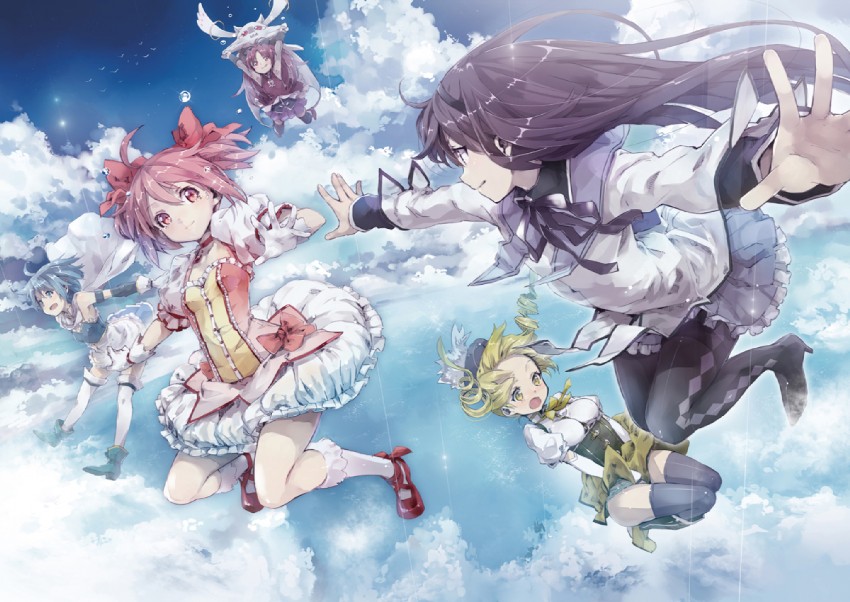 akemi homura, kaname madoka, miki sayaka, sakura kyoko, tomoe mami, and 1 more (mahou shoujo madoka magica) drawn by yuugen