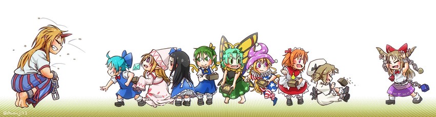 cirno, ibuki suika, daiyousei, hoshiguma yuugi, clownpiece, and 5 more (touhou) drawn by chamaji
