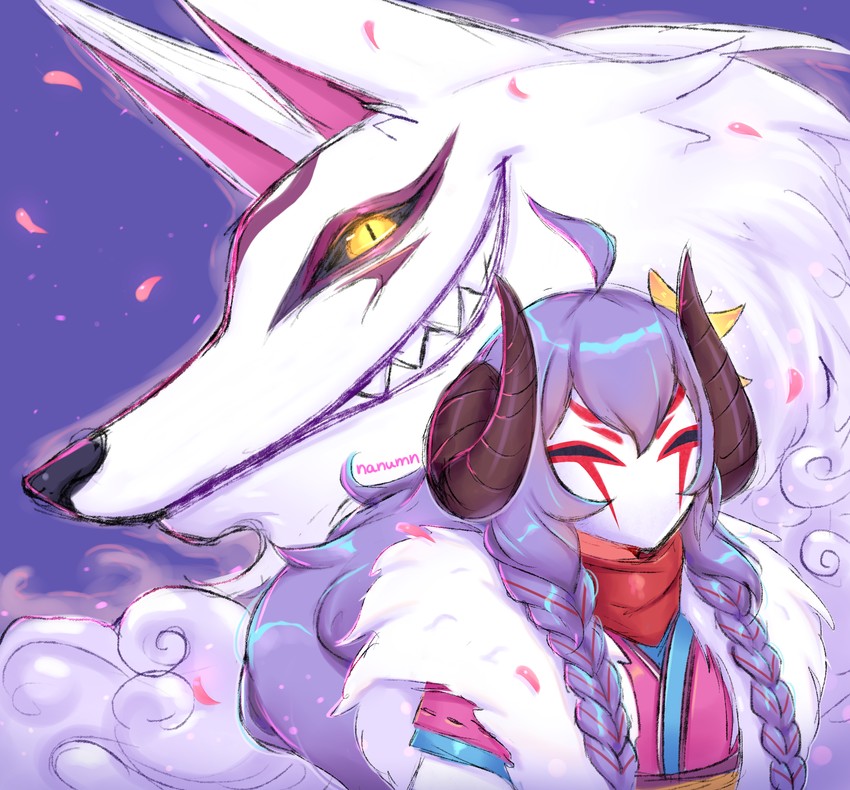 kindred, lamb, wolf, and spirit blossom kindred (league of legends) drawn by nanumn