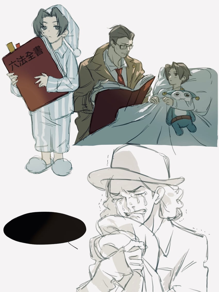miles edgeworth, blue badger, eddie fender, and gregory edgeworth (ace attorney and 2 more) drawn by sotenborii
