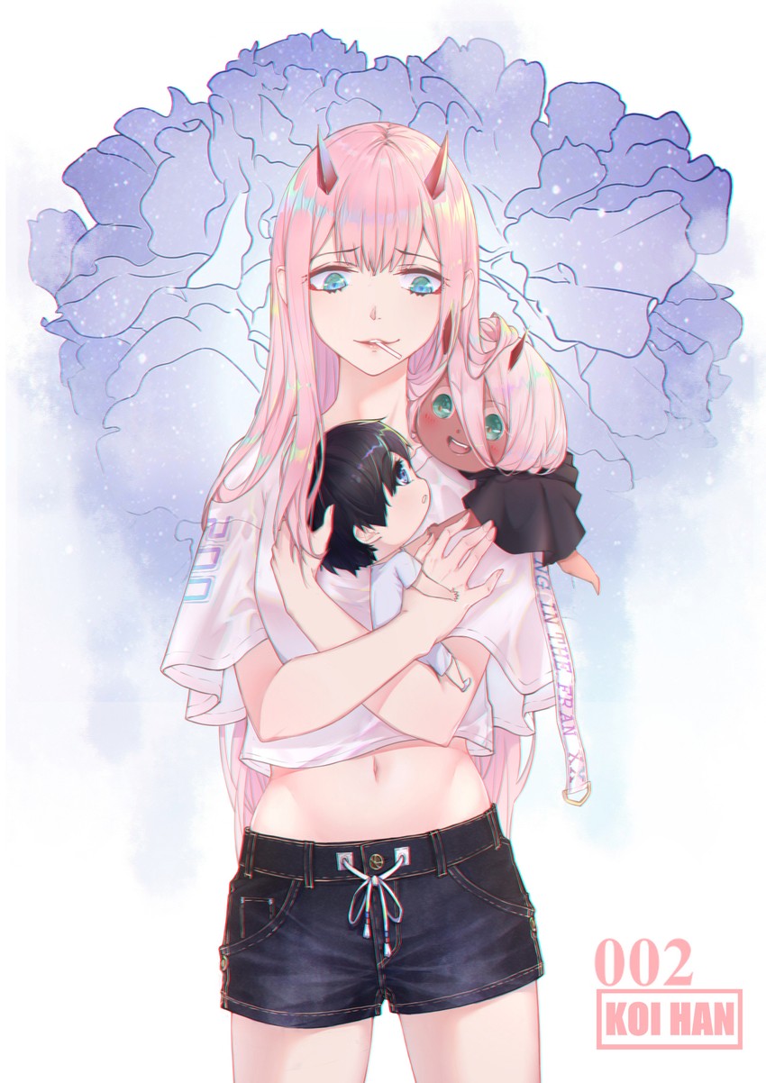 zero two and hiro (darling in the franxx) drawn by koi_han