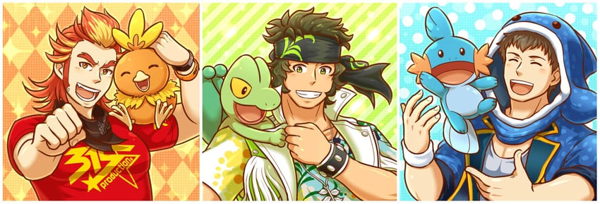 torchic, mudkip, treecko, shingen seiji, enjoji michiru, and 1 more (pokemon and 2 more) drawn by aopanda