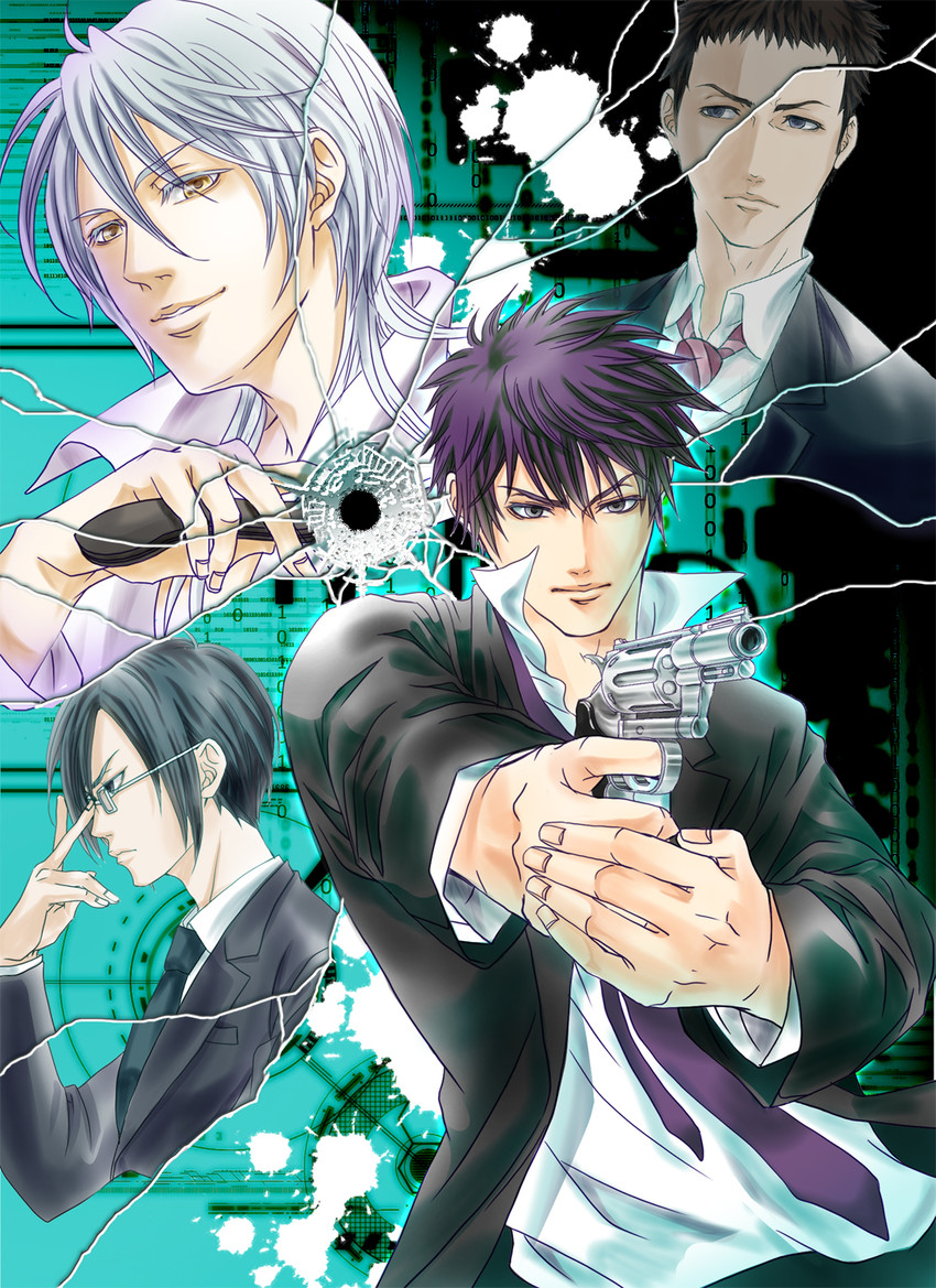 kougami shin'ya, ginoza nobuchika, makishima shougo, and sasayama mitsuru (psycho-pass) drawn by rayne-k
