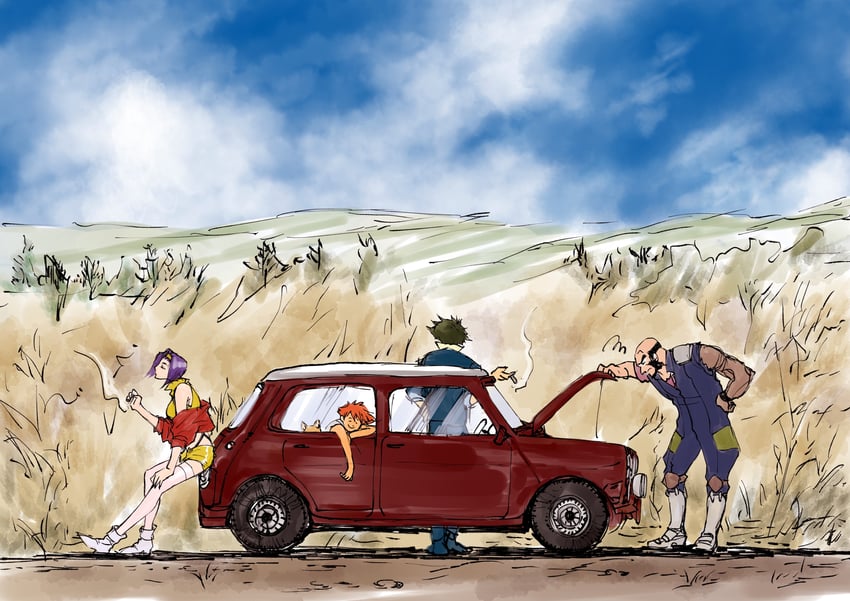 faye valentine, spike spiegel, edward wong hau pepelu tivrusky iv, ein, and jet black (cowboy bebop) drawn by tobalin