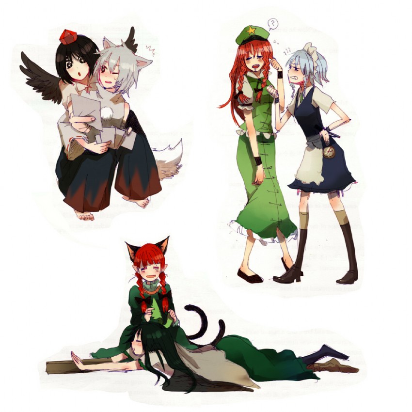 izayoi sakuya, shameimaru aya, hong meiling, inubashiri momiji, kaenbyou rin, and 1 more (touhou) drawn by hachimillion