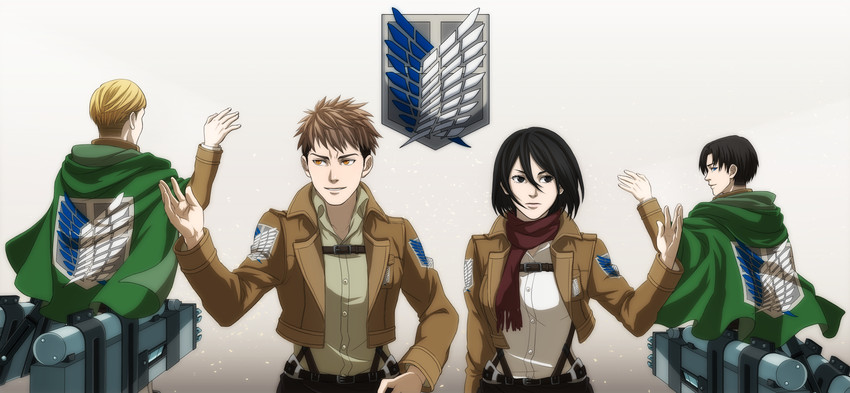 mikasa ackerman, levi, erwin smith, and jean kirstein (shingeki no kyojin) drawn by akatsubak1