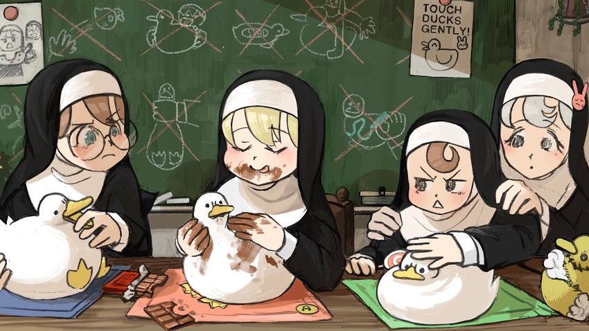 clumsy nun, froggy nun, glasses nun, and bunny nun (little nuns) drawn by diva_(hyxpk)