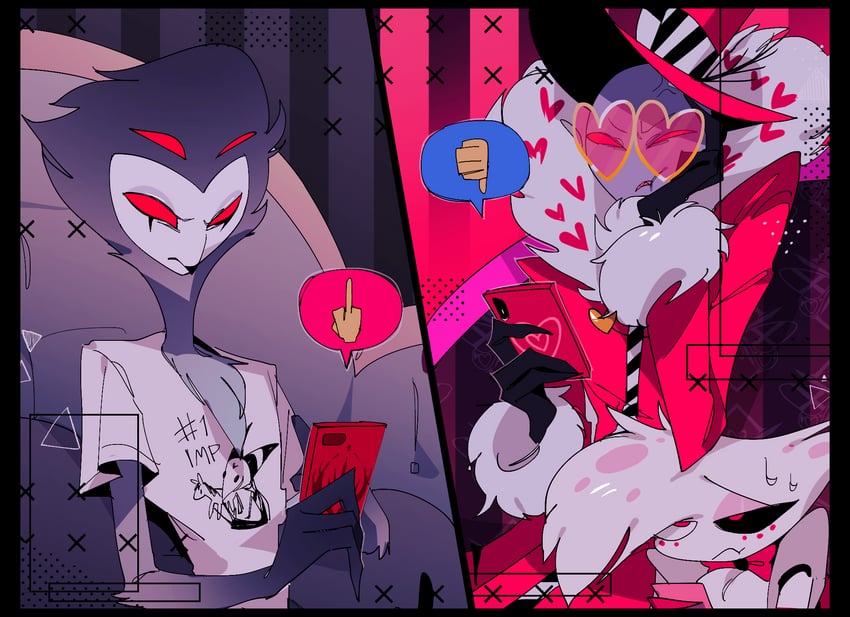 valentino, angel dust, blitzo, and stolas (hazbin hotel and 1 more) drawn by ama0805
