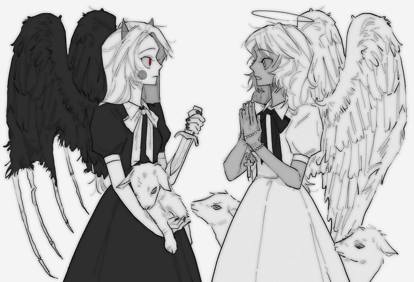 charlie morningstar and emily (hazbin hotel) drawn by tppiiiiqqt