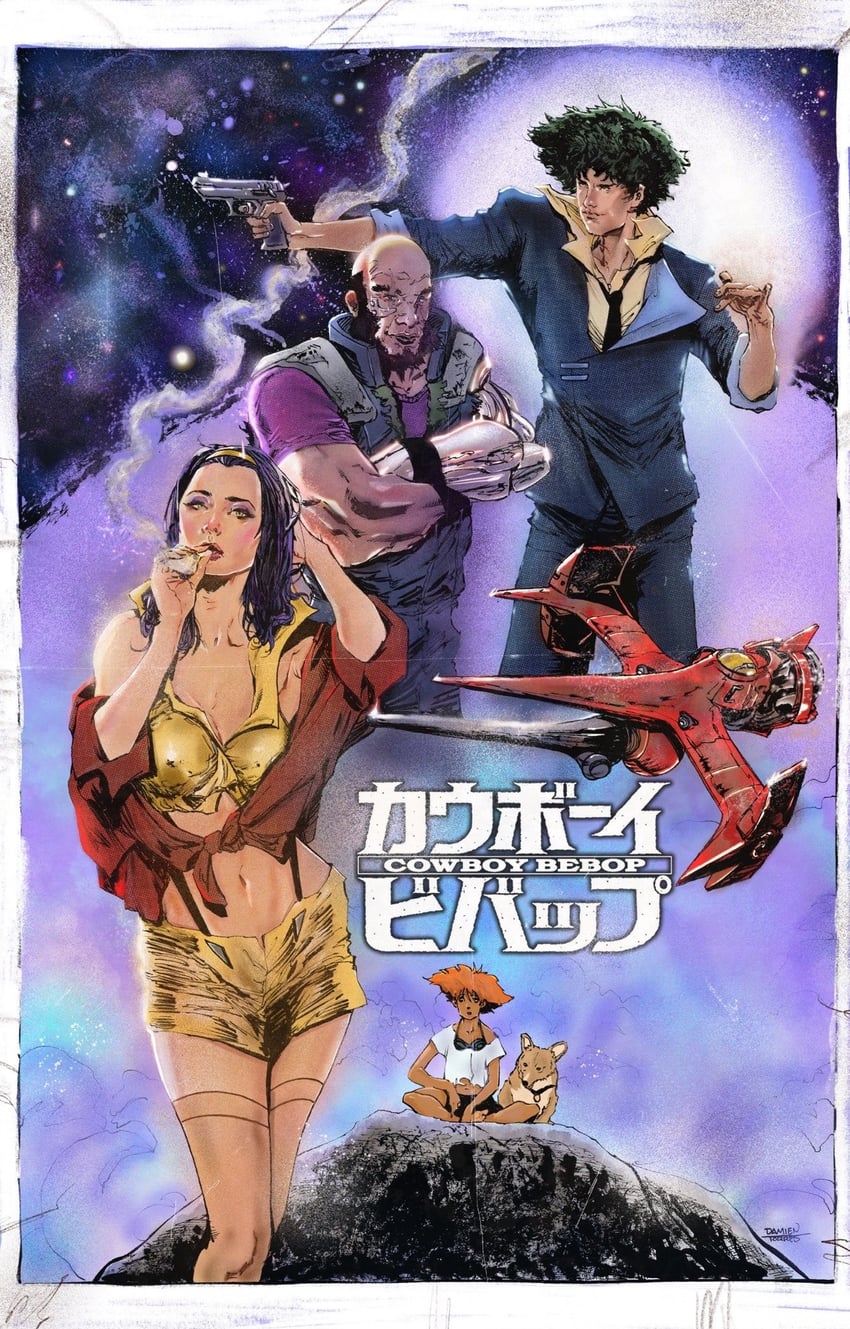 faye valentine, spike spiegel, edward wong hau pepelu tivrusky iv, ein, and jet black (cowboy bebop) drawn by damien_torres