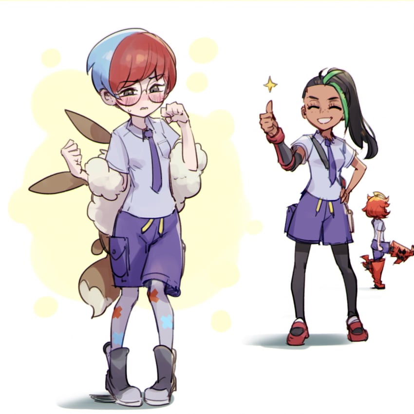 eevee, nemona, penny, and mela (pokemon and 1 more) drawn by phantom_ix_row