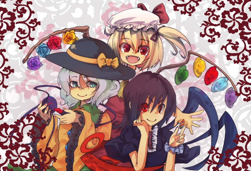 flandre scarlet, komeiji koishi, and houjuu nue (touhou) drawn by murani