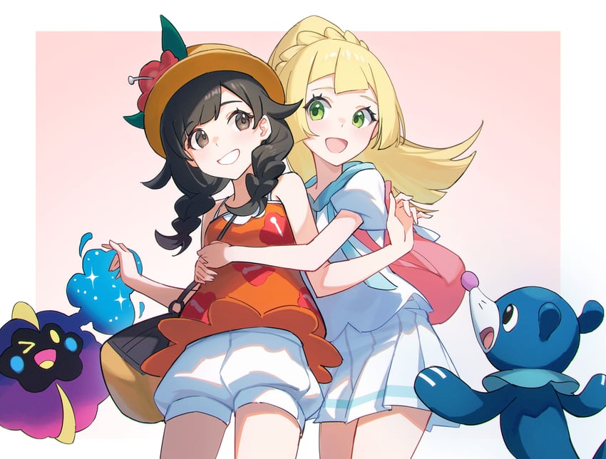 lillie, selene, popplio, and cosmog (pokemon and 1 more) drawn by shali