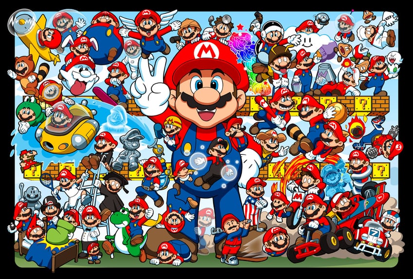 mario, boo, yoshi, piranha plant, goomba, and 21 more (mario and 40 more) drawn by makoto_ono