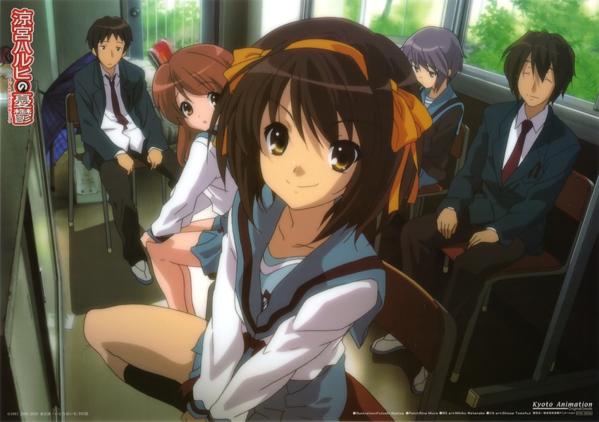 suzumiya haruhi, nagato yuki, asahina mikuru, kyon, and koizumi itsuki (suzumiya haruhi no yuuutsu) drawn by nishiya_futoshi