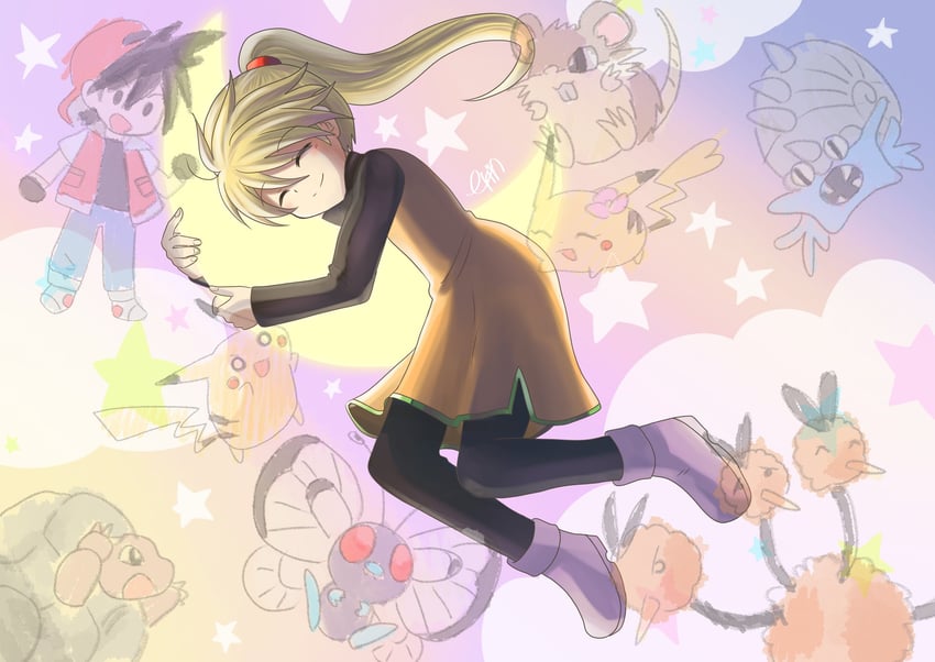 pikachu, red, yellow, butterfree, pika, and 5 more (pokemon and 1 more) drawn by erin_oekaki0803