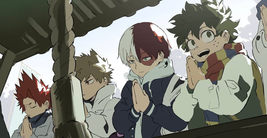 midoriya izuku, bakugou katsuki, todoroki shoto, and kirishima eijiro (boku no hero academia) drawn by konekutozzzzz