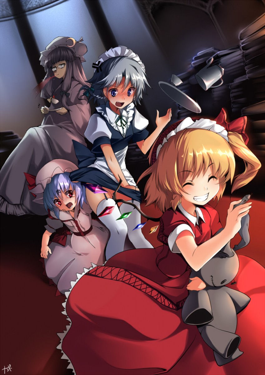 remilia scarlet, flandre scarlet, izayoi sakuya, and patchouli knowledge (touhou) drawn by cofepig