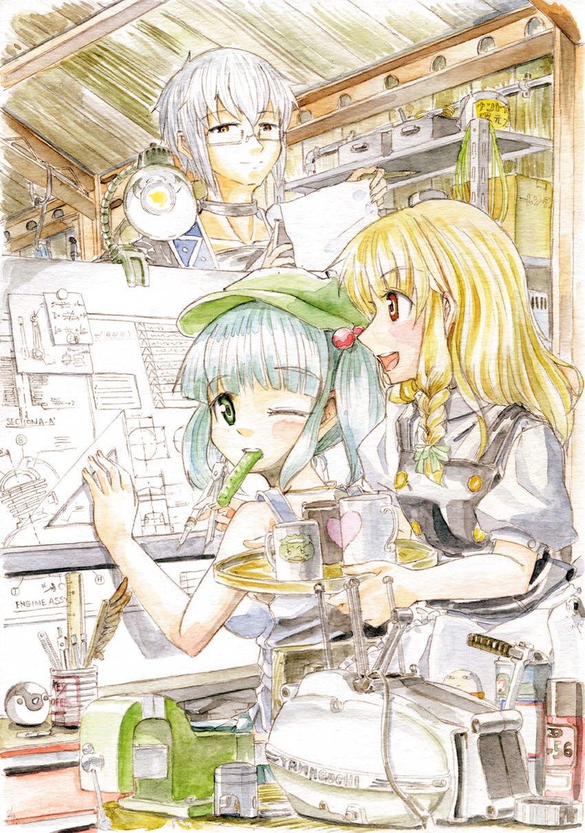 kirisame marisa, kawashiro nitori, morichika rinnosuke, and justaway (touhou and 2 more) drawn by master_(4th)