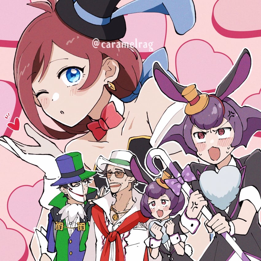 trucy wright, manov mistree, roger retinz, betty de famme, and bonny de famme (ace attorney and 1 more) drawn by caramelrag