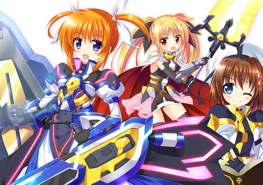 fate testarossa, takamachi nanoha, yagami hayate, bardiche, tome of the night sky, and 2 more (lyrical nanoha and 2 more) drawn by endori