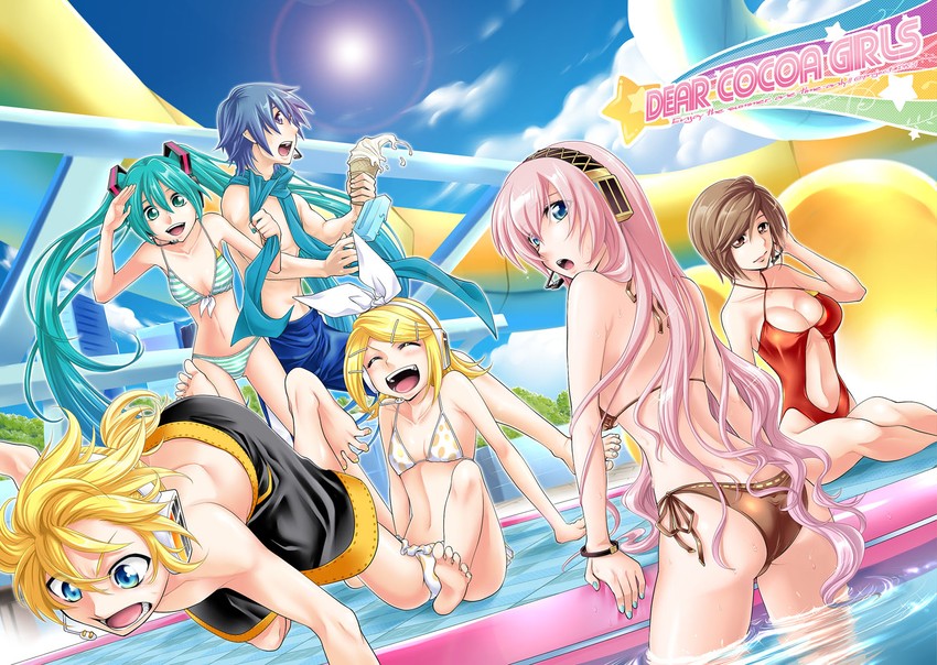 hatsune miku, kagamine rin, kagamine len, megurine luka, kaito, and 1 more (vocaloid and 1 more) drawn by kitano_tomotoshi