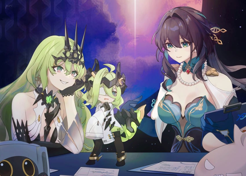 ruan mei, mobius, and klein (honkai and 2 more) drawn by piri