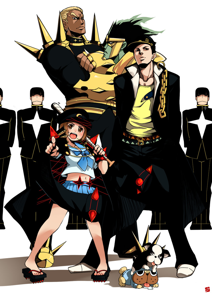 kujo jotaro, mankanshoku mako, gamagoori ira, star platinum, iggy, and 2 more (jojo no kimyou na bouken and 2 more) drawn by sakushin