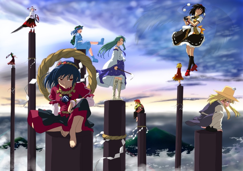 kochiya sanae, shameimaru aya, inubashiri momiji, moriya suwako, kawashiro nitori, and 4 more (touhou and 1 more) drawn by sachishiro_pengin