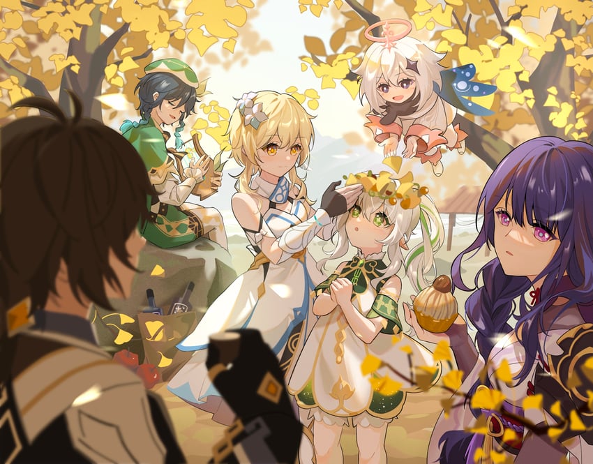 lumine, raiden shogun, nahida, zhongli, venti, and 1 more (genshin impact) drawn by heimi_(himi)