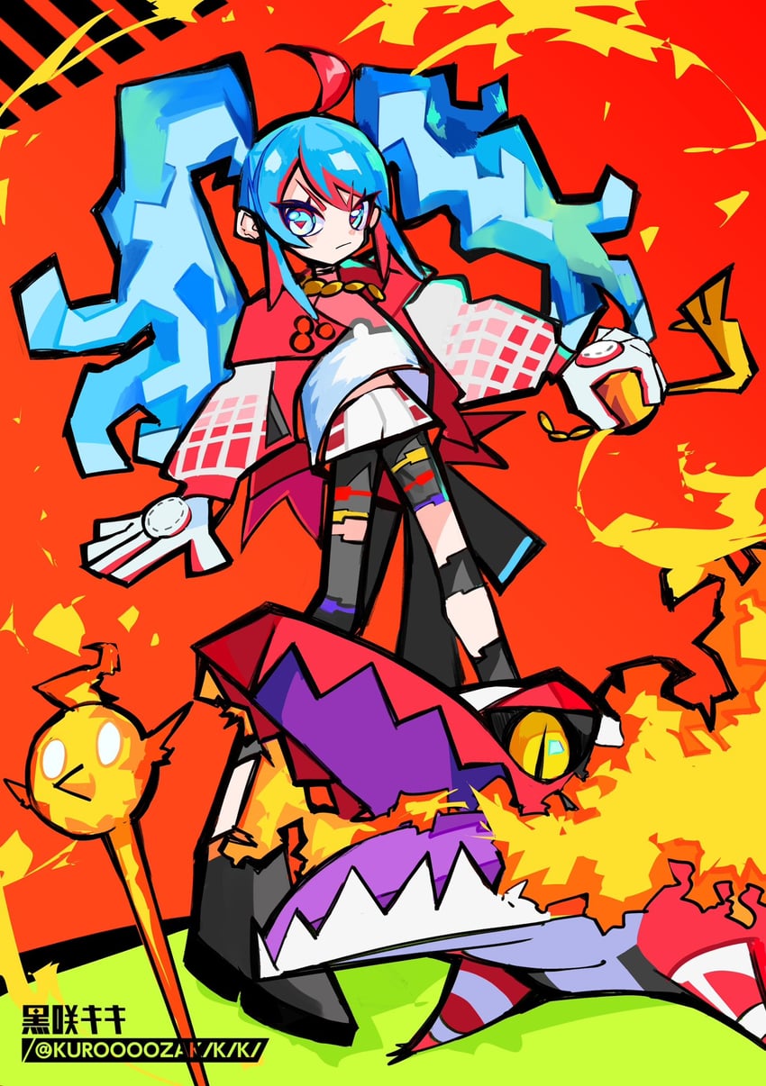 hatsune miku, skeledirge, fire bird, and fire miku (pokemon and 2 more) drawn by kuroooozakikiki